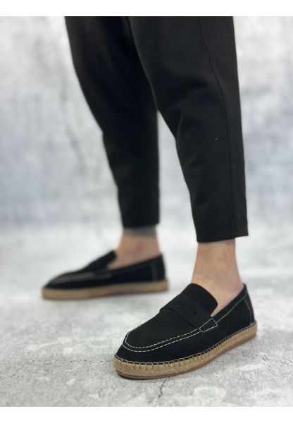 MirgeShoes Siyah Bağcıksız Erkek Casual Ayakkabı Kauçuk El Yapımı Espadril Taban KHV MRG010602677