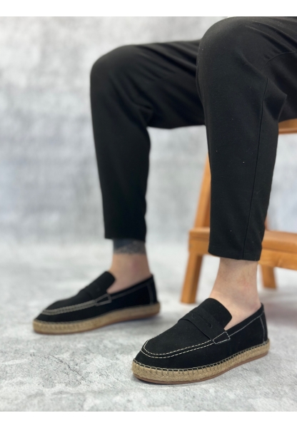 MirgeShoes Siyah Bağcıksız Erkek Casual Ayakkabı Kauçuk El Yapımı Espadril Taban KHV MRG010602677