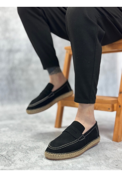 MirgeShoes Siyah Bağcıksız Erkek Casual Ayakkabı Kauçuk El Yapımı Espadril Taban KHV MRG010602677