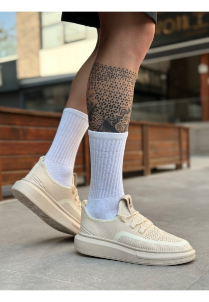 MirgeShoes Krem Erkek Tarz Spor Ayakkabı Özel Örgü Triko Kalın KRM Taban MRG010602693