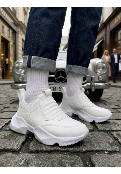 MRG0402 Bağcıksız Rahat Yüksek Taban Beyaz Erkek Spor Yarım Bilek Bot