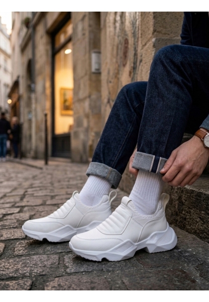 MRG0402 Bağcıksız Rahat Yüksek Taban Beyaz Erkek Spor Yarım Bilek Bot