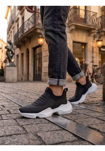 MRG0402 Bağcıksız Rahat Yüksek Taban Siyah Erkek Spor Yarım Bilek Bot