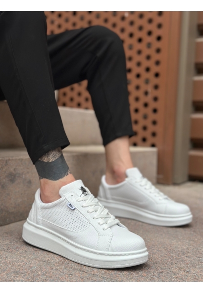 MirgeShoes Beyaz Bağcıklı Erkek Spor Ayakkabı Kalın Yüksek BYZ Taban MRG010602741