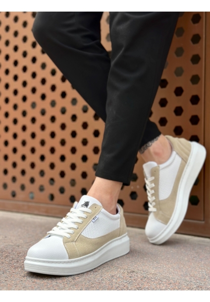 MirgeShoes Beyaz-Krem Bağcıklı Erkek Spor Ayakkabı Kalın Yüksek BYZ Taban MRG010602741