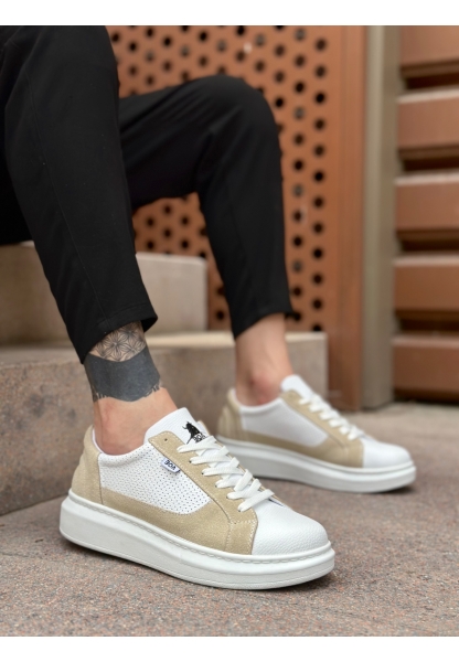 MirgeShoes Beyaz-Krem Bağcıklı Erkek Spor Ayakkabı Kalın Yüksek BYZ Taban MRG010602741