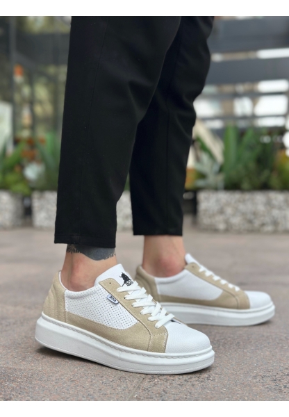 MirgeShoes Beyaz-Krem Bağcıklı Erkek Spor Ayakkabı Kalın Yüksek BYZ Taban MRG010602741