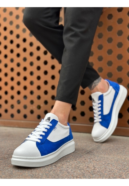 MirgeShoes Beyaz-Mavi Bağcıklı Erkek Spor Ayakkabı Kalın Yüksek BYZ Taban MRG010602741