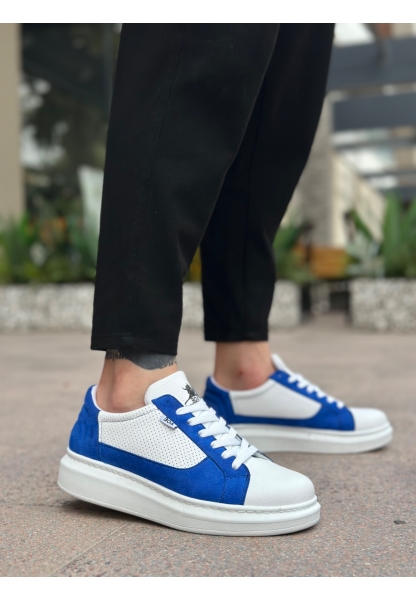 MirgeShoes Beyaz-Mavi Bağcıklı Erkek Spor Ayakkabı Kalın Yüksek BYZ Taban MRG010602741