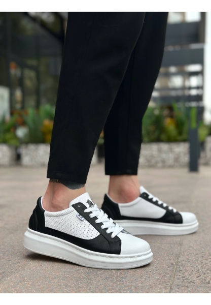 MirgeShoes Beyaz-Siyah Bağcıklı Erkek Spor Ayakkabı Kalın Yüksek BYZ Taban MRG010602741