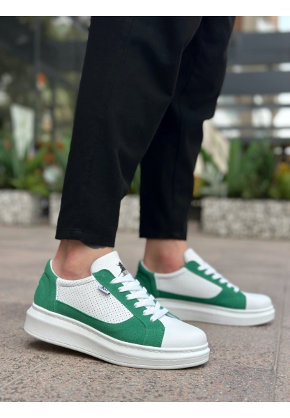 MirgeShoes Beyaz-Yeşil Bağcıklı Erkek Spor Ayakkabı Kalın Yüksek BYZ Taban MRG010602741