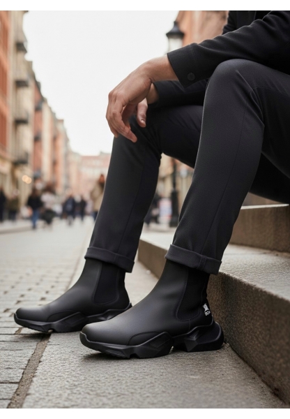 MRG0444 Bağcıksız Rahat Yüksek Taban Siyah Erkek Spor Yarım Bilek Bot