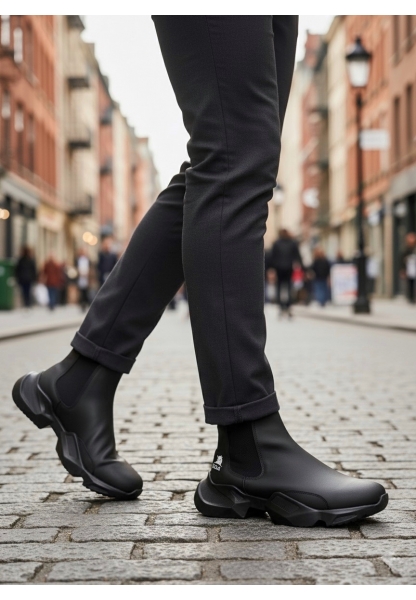 MRG0444 Bağcıksız Rahat Yüksek Taban Siyah Erkek Spor Yarım Bilek Bot