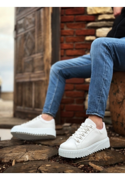 MirgeShoes Beyaz Çengel Bağcıklı Erkek Günlük Ayakkabı Yüksek Kalın BYZ Taban MRG010602823