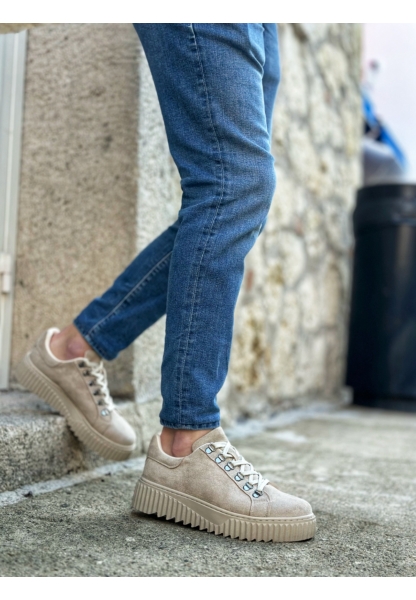 MirgeShoes Krem Çengel Bağcıklı Erkek Günlük Ayakkabı Yüksek Kalın KRM Taban MRG010602823