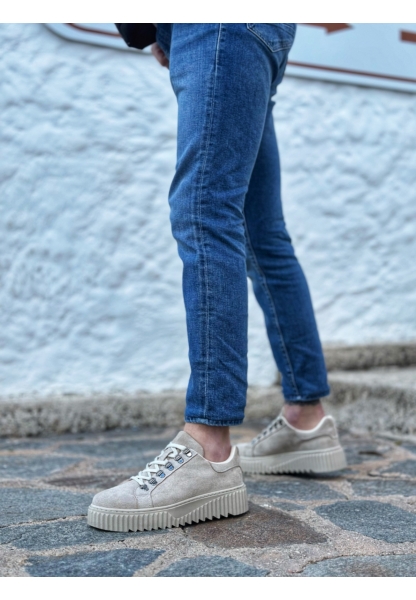 MirgeShoes Krem Çengel Bağcıklı Erkek Günlük Ayakkabı Yüksek Kalın KRM Taban MRG010602823