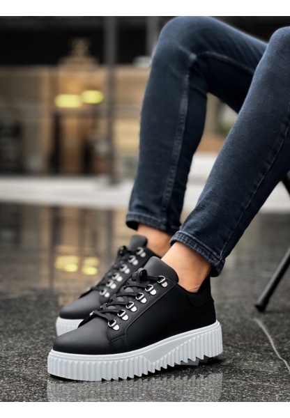 MirgeShoes Siyah Çengel Bağcıklı Erkek Günlük Ayakkabı Yüksek Kalın BYZ Taban MRG010602823