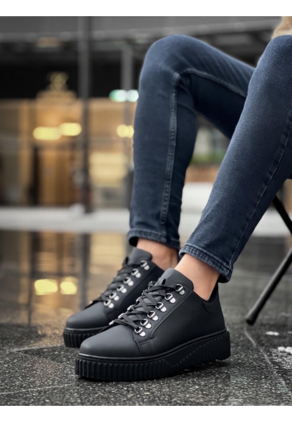 MirgeShoes Siyah Çengel Bağcıklı Erkek Günlük Ayakkabı Yüksek Kalın SYH Taban MRG010602823