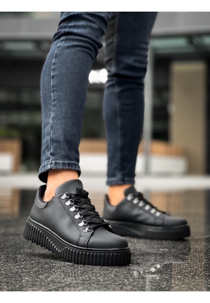 MirgeShoes Siyah Çengel Bağcıklı Erkek Günlük Ayakkabı Yüksek Kalın SYH Taban MRG010602823
