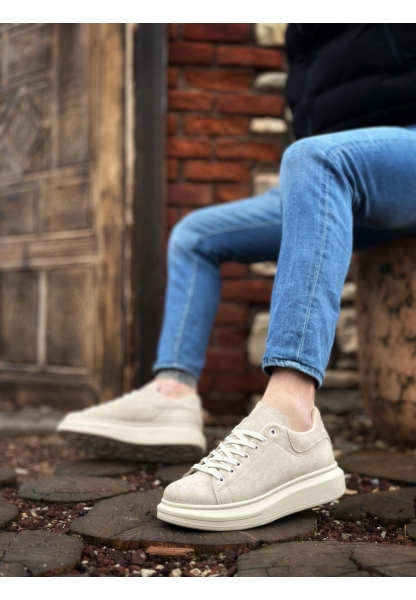 MirgeShoes Krem Bağcıklı Erkek Spor Ayakkabı Süet Deri Kalın Yüksek KRM Taban MRG010602865