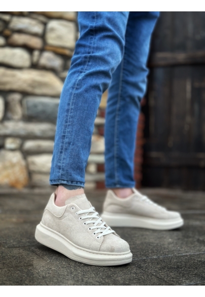 MirgeShoes Krem Bağcıklı Erkek Spor Ayakkabı Süet Deri Kalın Yüksek KRM Taban MRG010602865