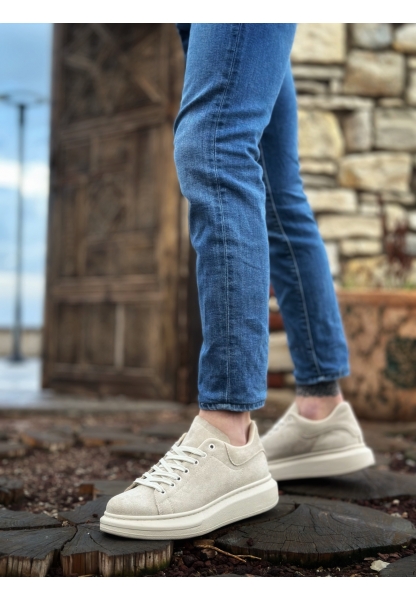 MirgeShoes Krem Bağcıklı Erkek Spor Ayakkabı Süet Deri Kalın Yüksek KRM Taban MRG010602865