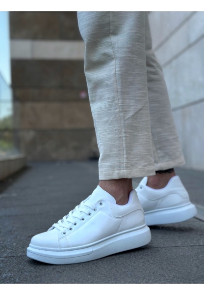 MirgeShoes Beyaz Bağcıklı Erkek Spor Ayakkabı Cilt Deri Kalın Yüksek BYZ Taban MRG010602865