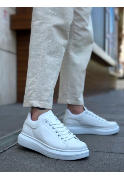 MirgeShoes Beyaz Bağcıklı Erkek Spor Ayakkabı Cilt Deri Kalın Yüksek BYZ Taban MRG010602865