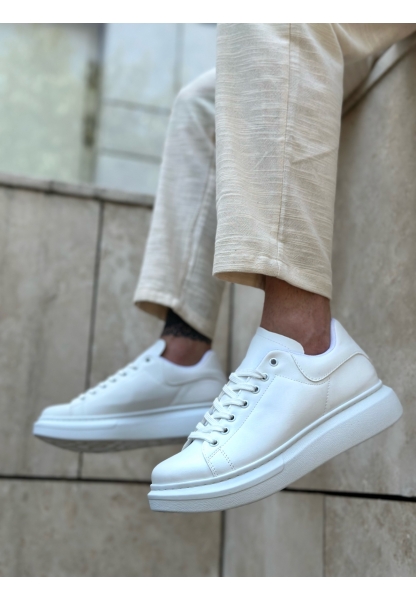 MirgeShoes Beyaz Bağcıklı Erkek Spor Ayakkabı Cilt Deri Kalın Yüksek BYZ Taban MRG010602865