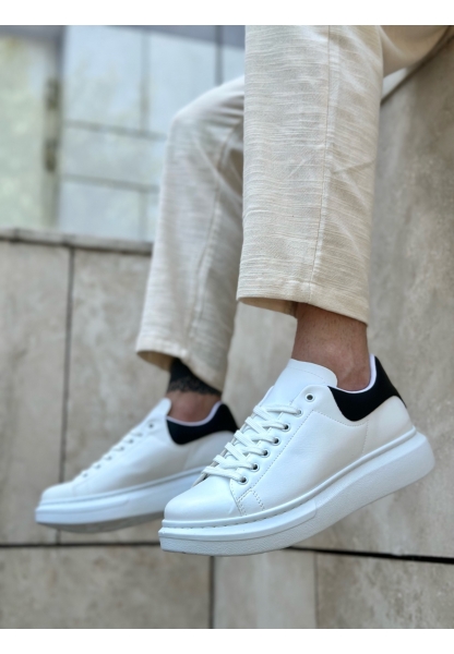 MirgeShoes Beyaz Bağcıklı Erkek Spor Ayakkabı Siyah Desenli Kalın Yüksek BYZ Taban MRG010602865