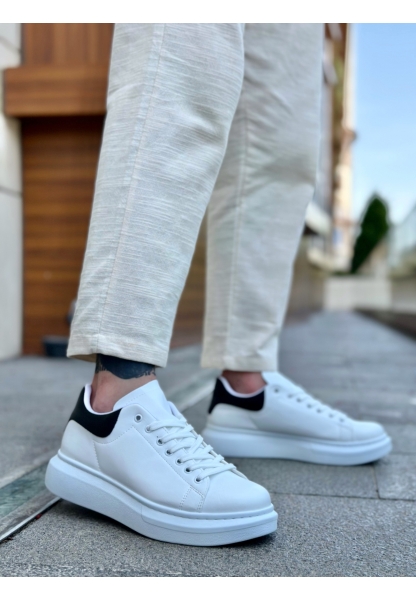 MirgeShoes Beyaz Bağcıklı Erkek Spor Ayakkabı Siyah Desenli Kalın Yüksek BYZ Taban MRG010602865
