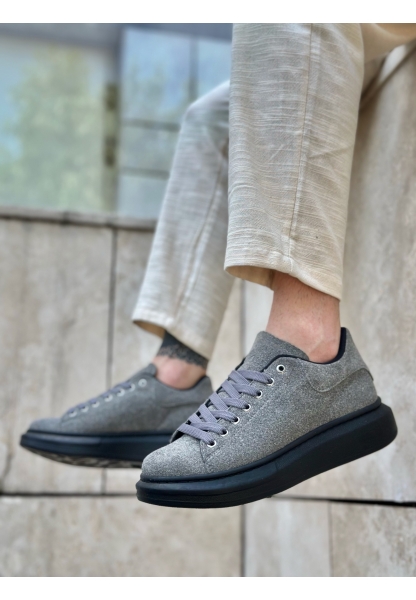 MirgeShoes Gri Bağcıklı Erkek Spor Ayakkabı Süet Deri Kalın Yüksek SYH Taban MRG010602865