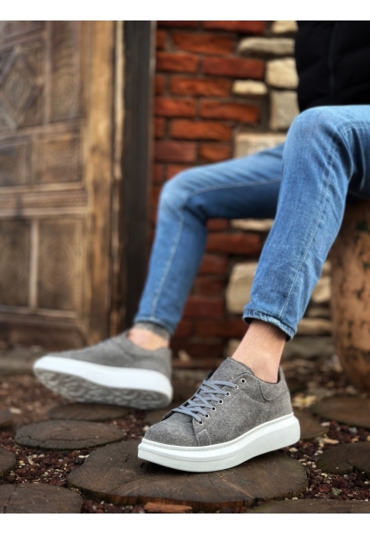 MirgeShoes Gri Bağcıklı Erkek Spor Ayakkabı Süet Deri Kalın Yüksek BYZ Taban MRG010602865