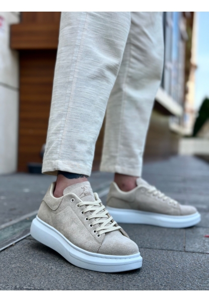 MirgeShoes Krem Bağcıklı Erkek Spor Ayakkabı Süet Deri Kalın Yüksek BYZ Taban MRG010602865