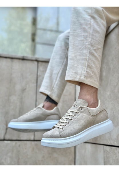 MirgeShoes Krem Bağcıklı Erkek Spor Ayakkabı Süet Deri Kalın Yüksek BYZ Taban MRG010602865