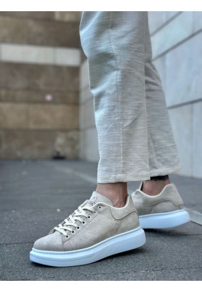 MirgeShoes Krem Bağcıklı Erkek Spor Ayakkabı Süet Deri Kalın Yüksek BYZ Taban MRG010602865