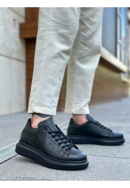 MirgeShoes Siyah Bağcıklı Erkek Spor Ayakkabı Cilt Deri Kalın Yüksek SYH Taban MRG010602865