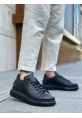 MirgeShoes Siyah Bağcıklı Erkek Spor Ayakkabı Cilt Deri Kalın Yüksek SYH Taban MRG010602865