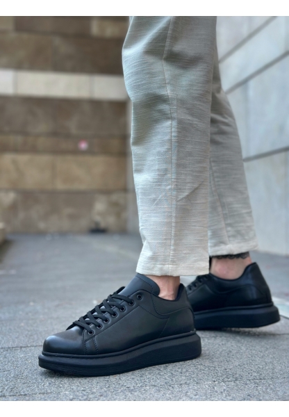 MirgeShoes Siyah Bağcıklı Erkek Spor Ayakkabı Cilt Deri Kalın Yüksek SYH Taban MRG010602865
