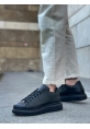 MirgeShoes Siyah Bağcıklı Erkek Spor Ayakkabı Cilt Deri Kalın Yüksek SYH Taban MRG010602865