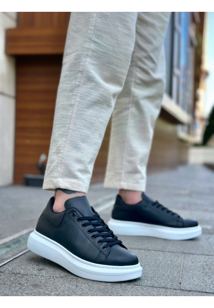MirgeShoes Siyah Bağcıklı Erkek Spor Ayakkabı Cilt Deri Kalın Yüksek BYZ Taban MRG010602865