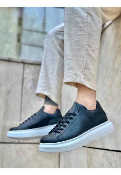 MirgeShoes Siyah Bağcıklı Erkek Spor Ayakkabı Cilt Deri Kalın Yüksek BYZ Taban MRG010602865