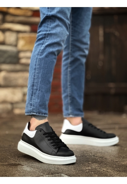 MirgeShoes Siyah Bağcıklı Erkek Spor Ayakkabı Beyaz Desenli Kalın Yüksek BYZ Taban MRG010602865