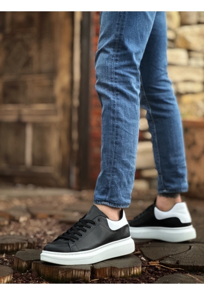 MirgeShoes Siyah Bağcıklı Erkek Spor Ayakkabı Beyaz Desenli Kalın Yüksek BYZ Taban MRG010602865