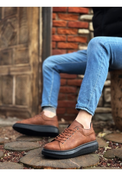 MirgeShoes Taba Bağcıklı Erkek Spor Ayakkabı Cilt Deri Kalın Yüksek SYH Taban MRG010602865