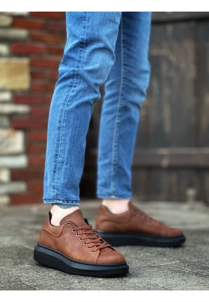 MirgeShoes Taba Bağcıklı Erkek Spor Ayakkabı Cilt Deri Kalın Yüksek SYH Taban MRG010602865