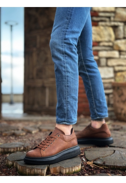 MirgeShoes Taba Bağcıklı Erkek Spor Ayakkabı Cilt Deri Kalın Yüksek SYH Taban MRG010602865