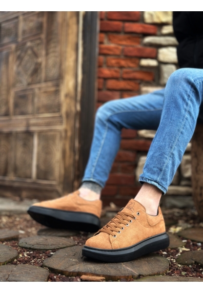 MirgeShoes Taba Bağcıklı Erkek Spor Ayakkabı Süet Deri Kalın Yüksek SYH Taban MRG010602865
