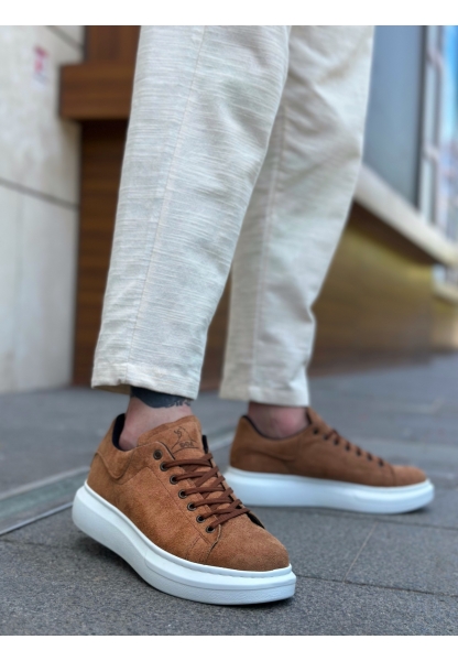 MirgeShoes Taba Bağcıklı Erkek Spor Ayakkabı Süet Deri Kalın Yüksek BYZ Taban MRG010602865