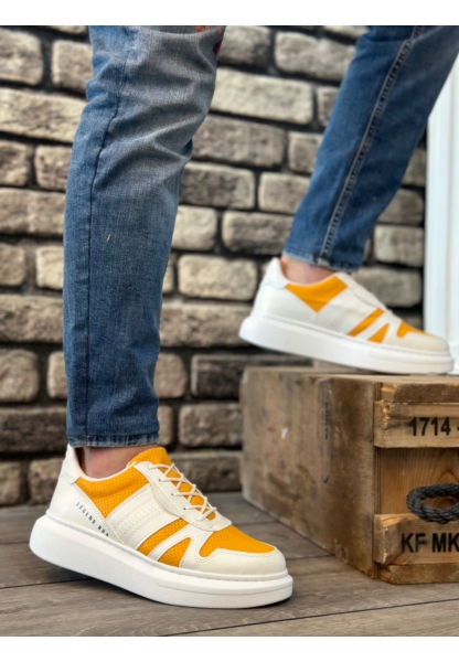 MirgeShoes Beyaz Bağcıklı Erkek Spor Ayakkabı Yan Desenli Kalın Yüksek BYZ Taban MRG010602866